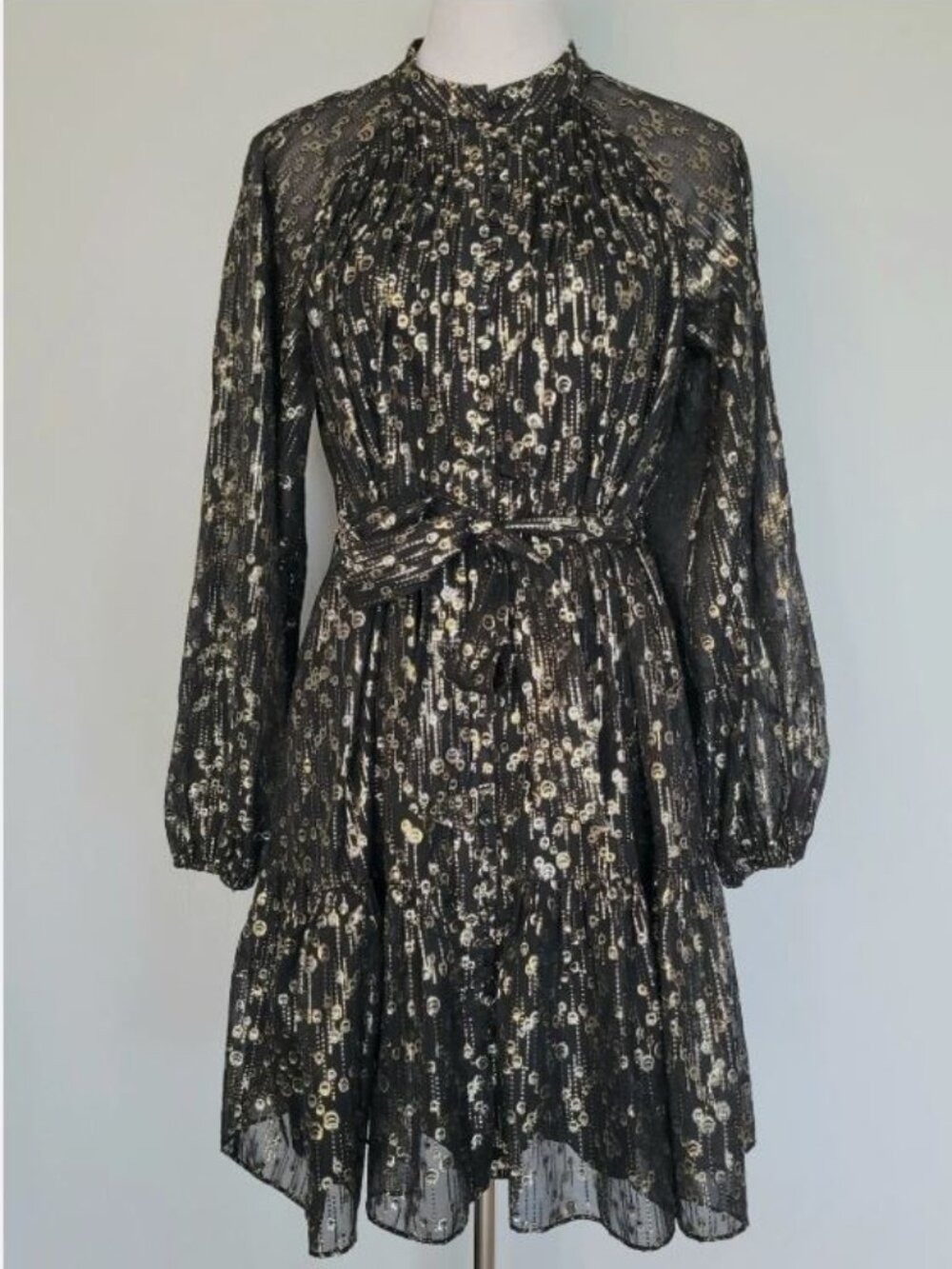 ANTONIO MELANI Long Sleeves Mock Waist-tie Chiffon Metallic Midi Dress Sz 8